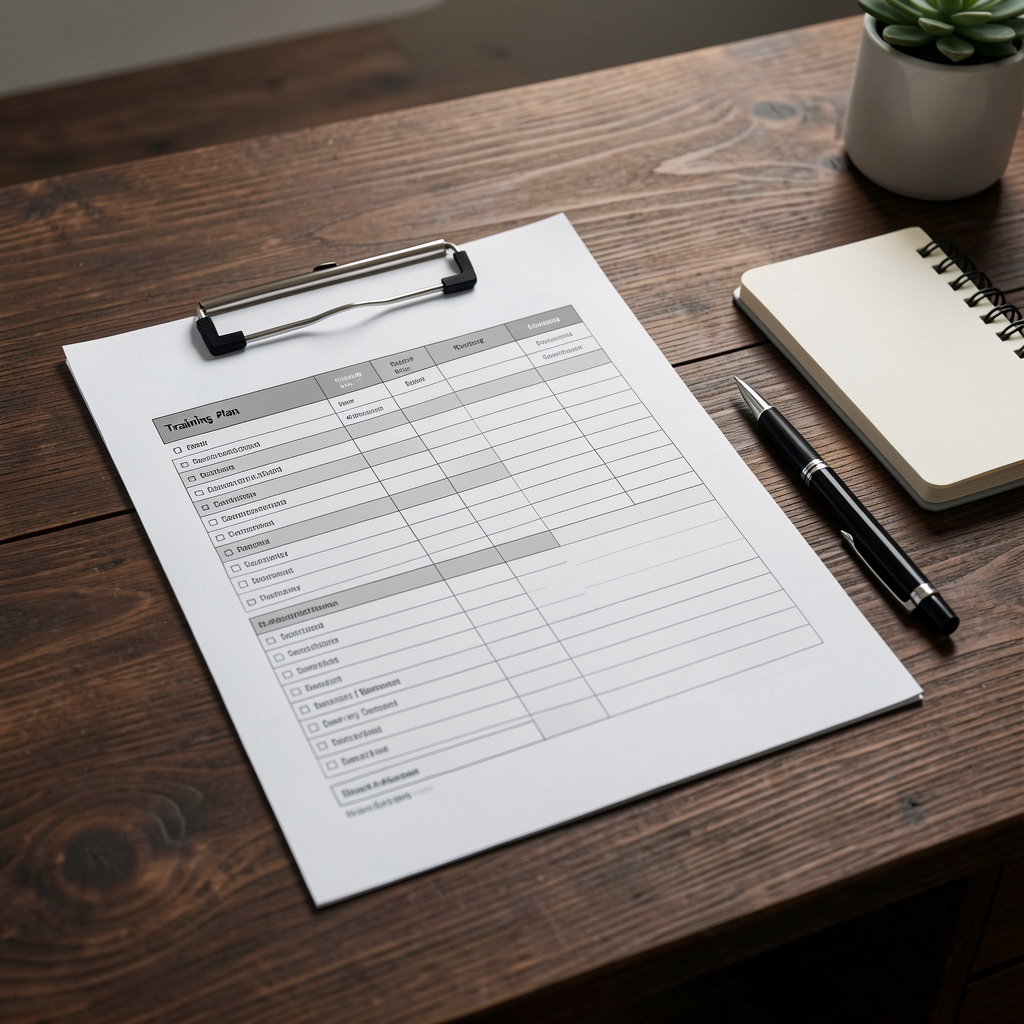 Close-up of a structured training plan document on a dark wooden desk alongside a pen and a small notebook, studio workspace setting