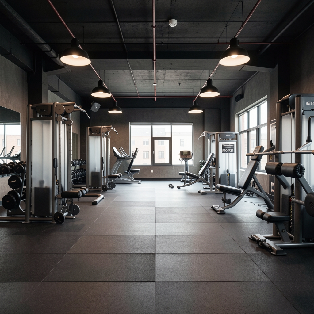 Wide angle view of a well-equipped private training studio with resistance machines and floor space, overhead industrial lighting with dark aesthetic