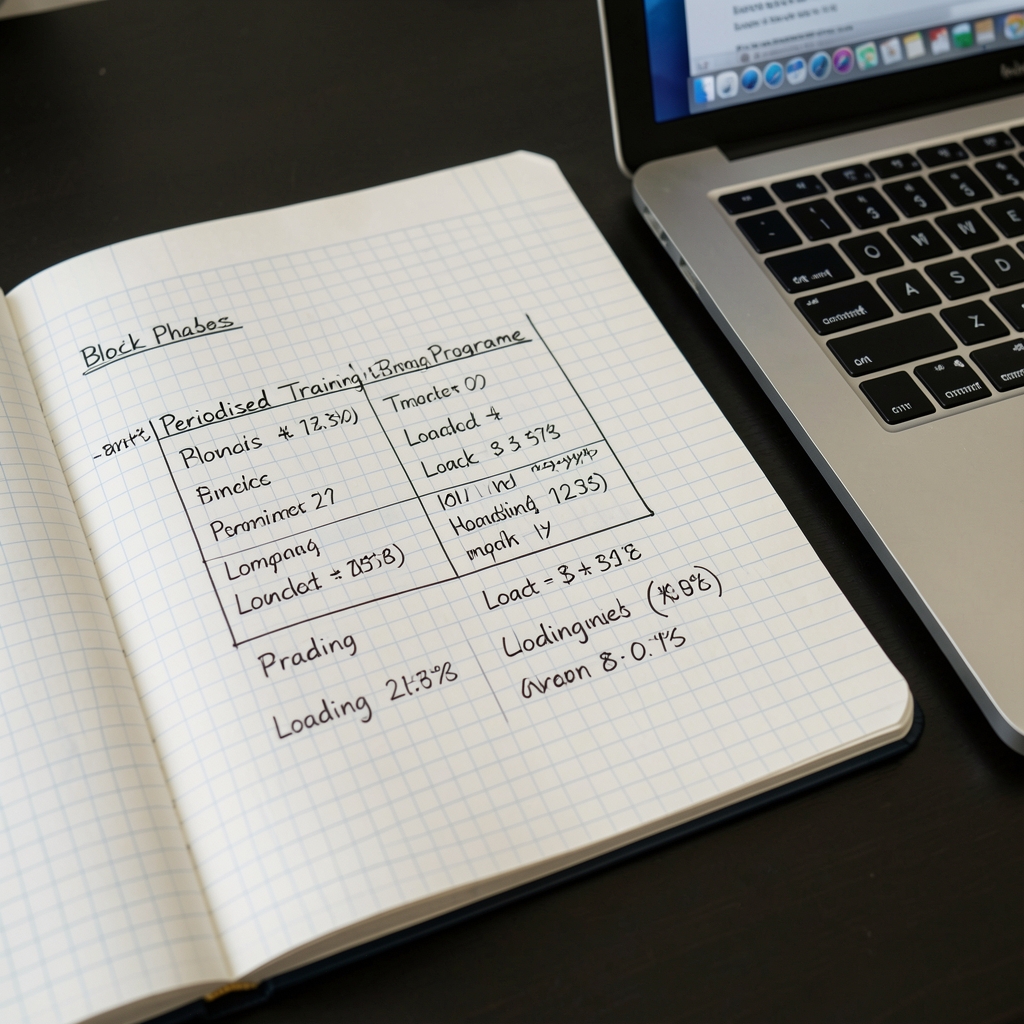 Close-up of a handwritten periodised training programme on graph paper, with block phases marked and loading parameters annotated, alongside a laptop on a dark desk