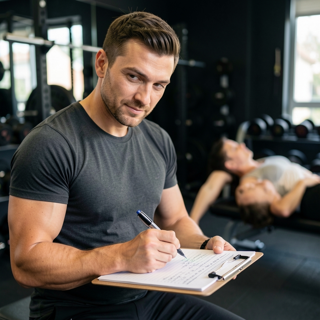 Personal trainer marking up a session log on a clipboard while a client rests between sets in a dark Vienna training studio, weights and equipment visible in the background