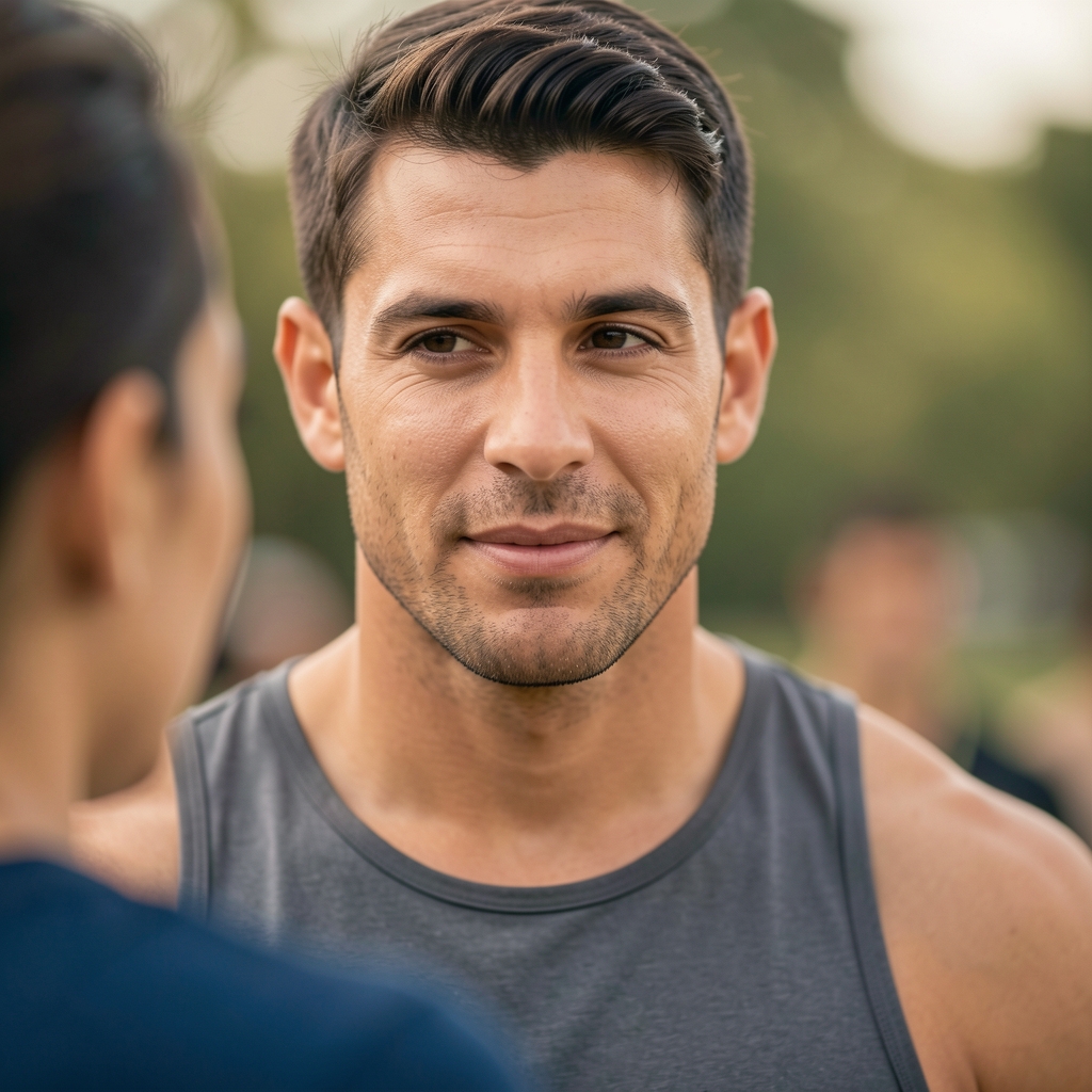 Personal trainer closely observing a client's squat form in a dark Vienna training studio, coaching cues being given with visible barbell and weight plates in background