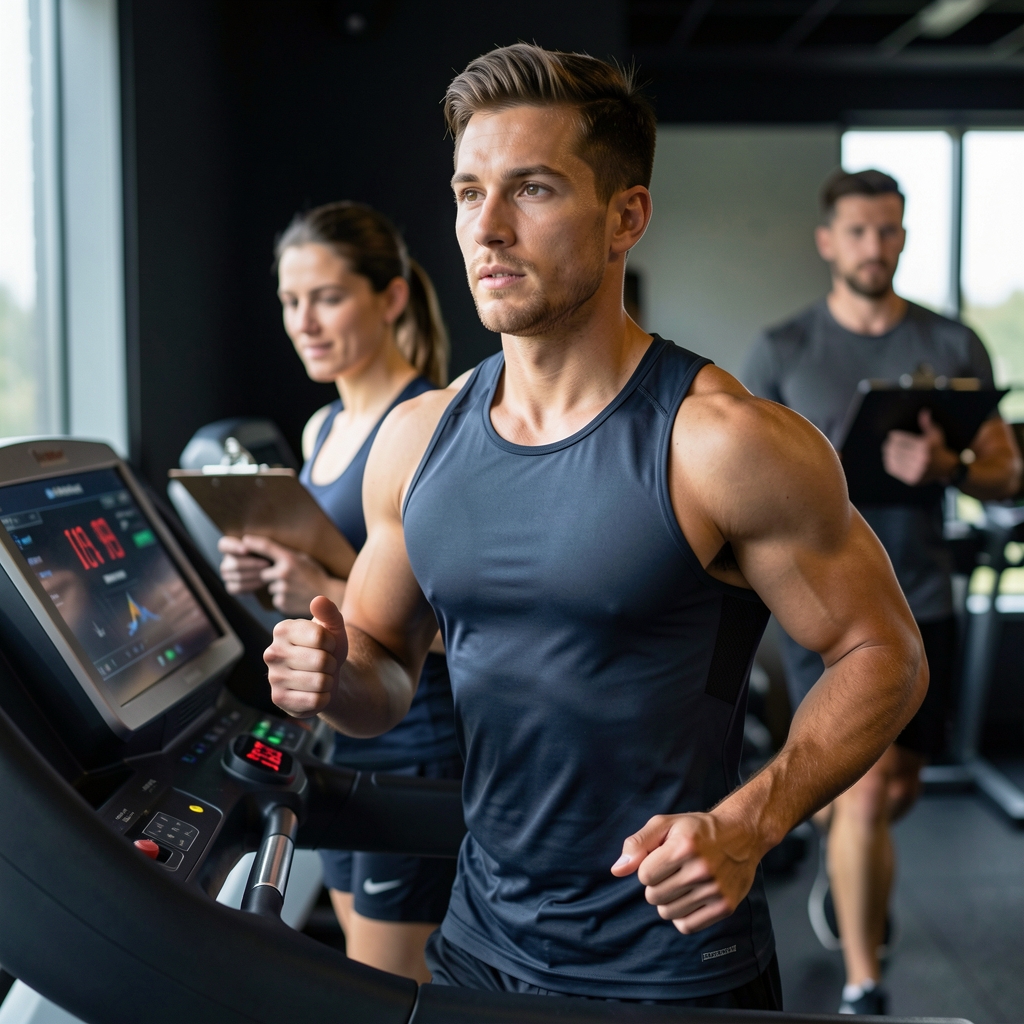 Athlete running on a treadmill in a dark training facility, heart rate monitor visible, coach with clipboard observing pace and stride