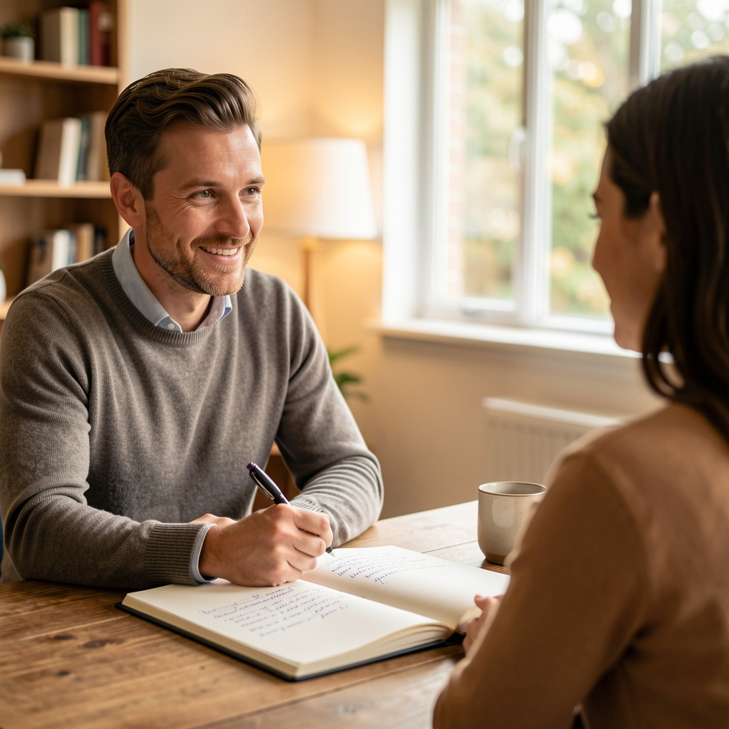 Coach and client in conversation at a wooden table with open training log and notes, relaxed advisory session in a warmly lit coaching studio